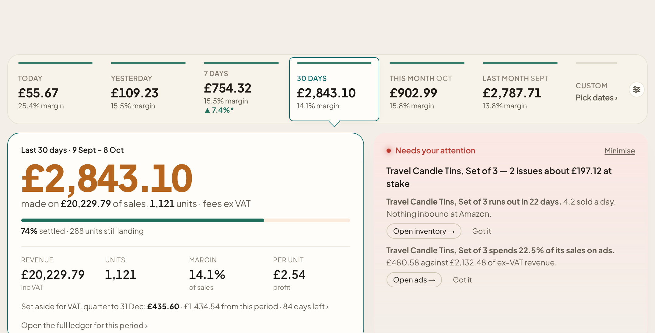 The full ledger with the fee breakdown open
